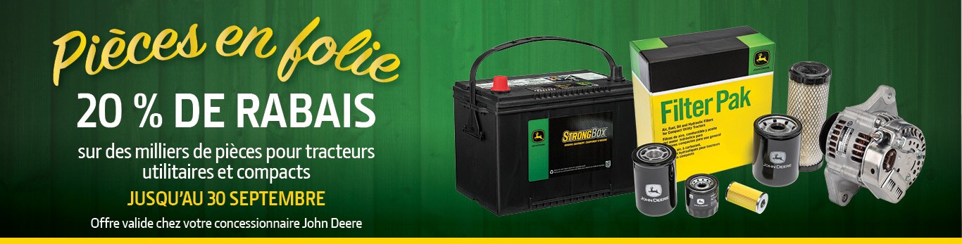 Pièces en folie - 20 % de rabais sur pièces pour tracteurs utilitaires et compacts.  Visitez votre concessionnaire John Deere jusqu'au 30 septembre 2023
