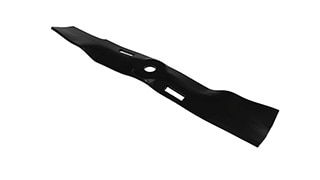 A metal mower blade with mounting holes.