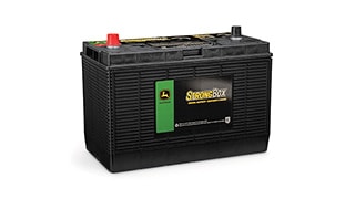 John Deere StrongBox battery with red and black terminals.
