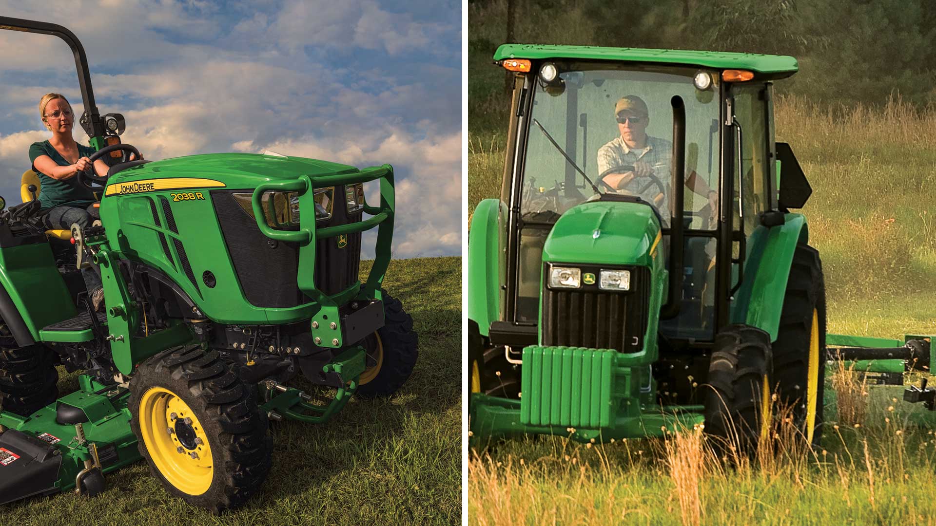 Tractor with mower deck alongside tractor with rotary cutter.