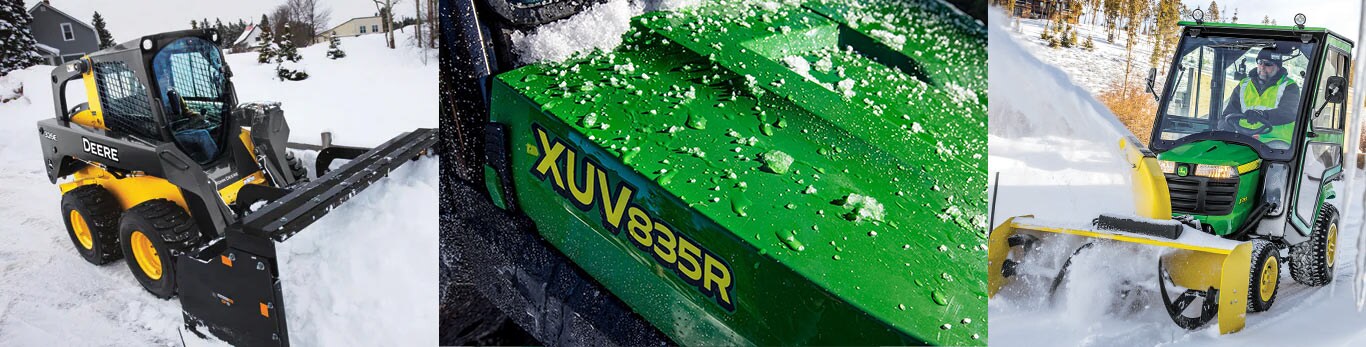 Composite image of a skid steer with snow pusher, lawn tractor with snow blade and Gator utility vehicle with snow blade