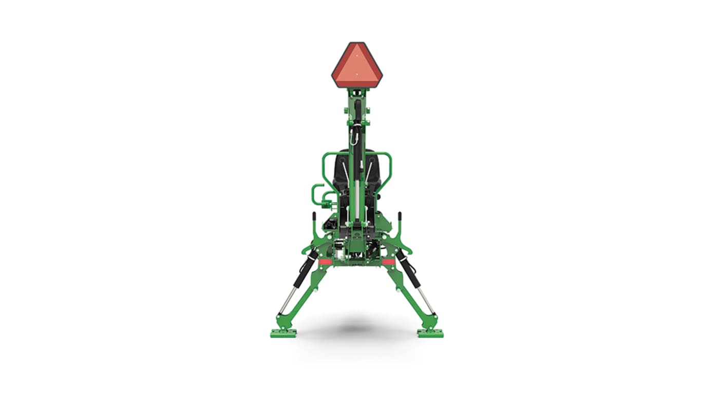 Une photo de studio de face d'un outil de pelle mécanique verte sur fond blanc.