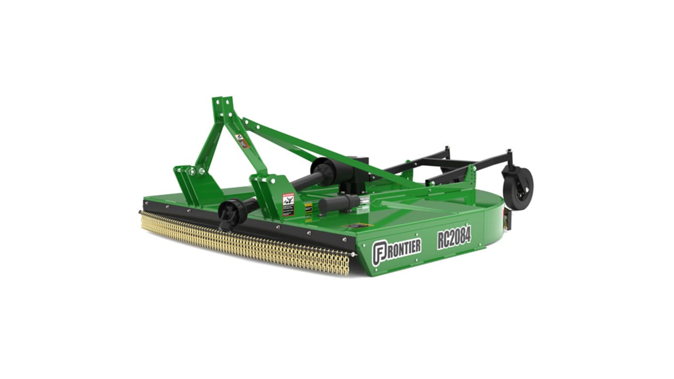 Photo en studio d'une faucheuse rotative RC2084 verte orientée vers l'avant-gauche sur fond blanc.