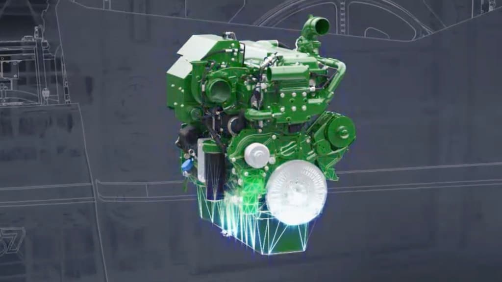 Photo d’un moteur PowerTech™ de 13,6 L de John Deere, sur fond de style bleu.