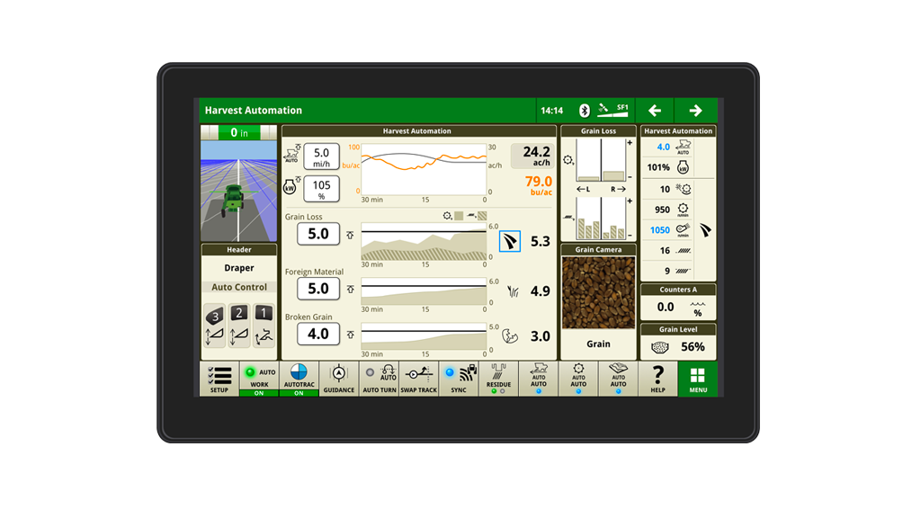 Photo d’un afficheur G5Plus montrant l’écran de démarrage d’automatisation des réglages de récolte.