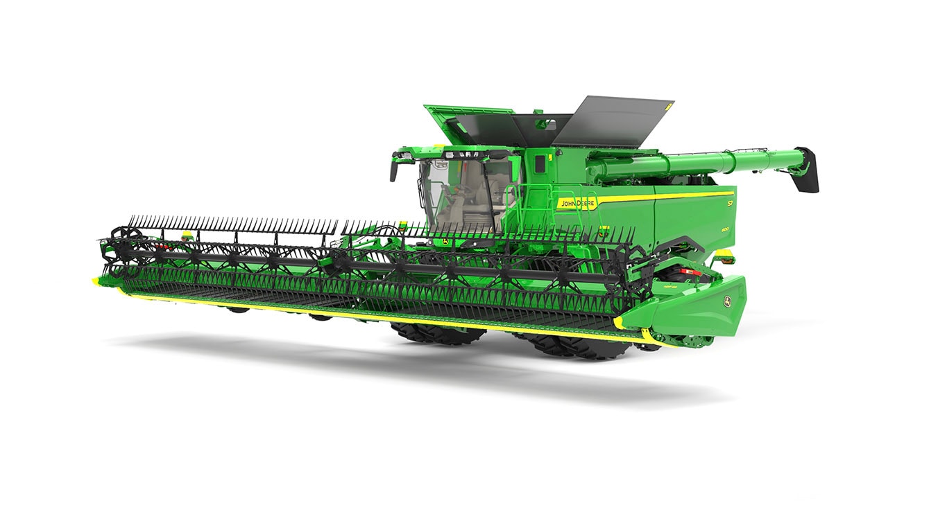 Photo of a John Deere S7 800 combine with a draper head on a white background