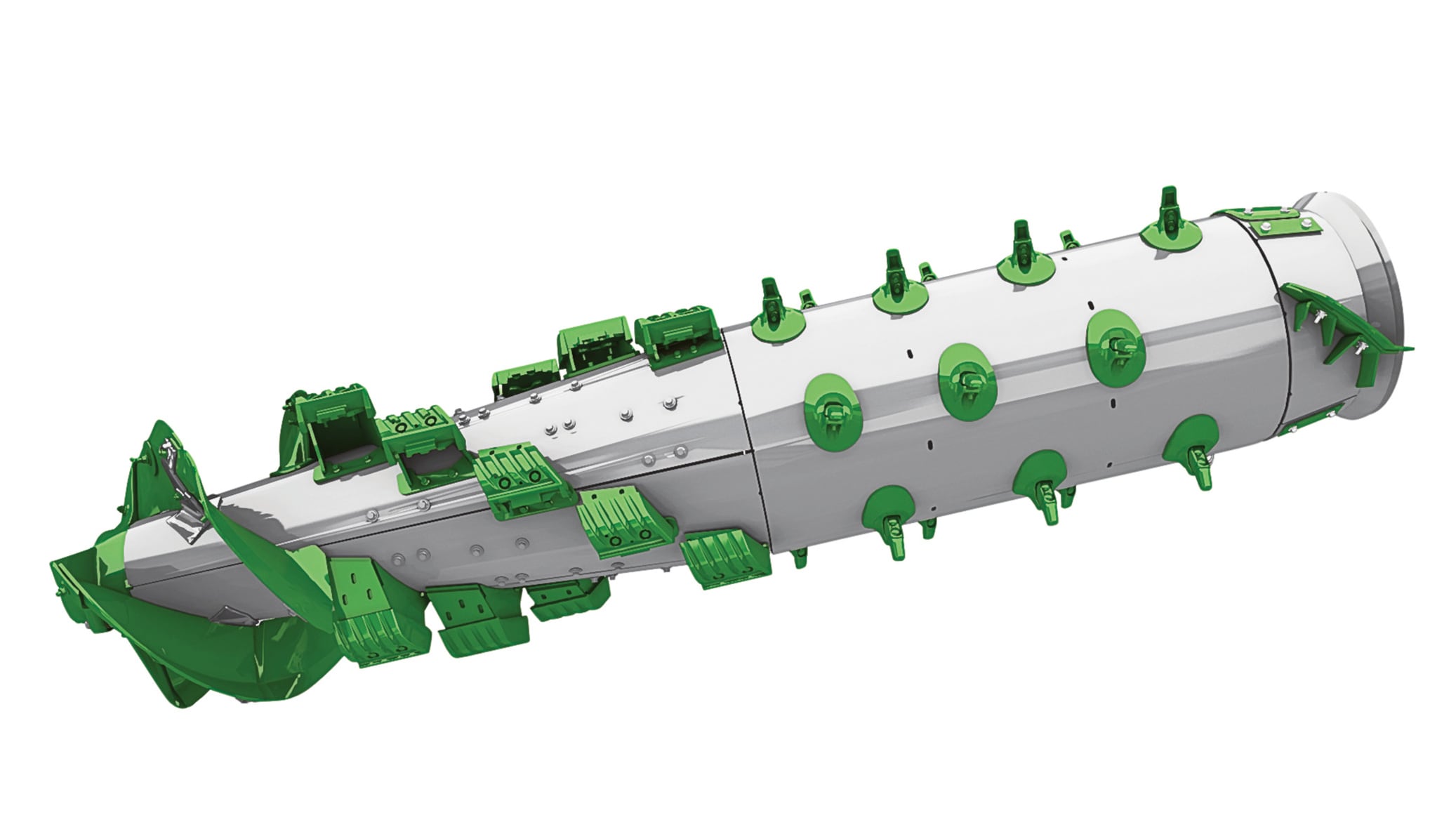 Photo gros plan d’un rotor à flux variable sur une moissonneuse-batteuse S7 John Deere, sur fond blanc.