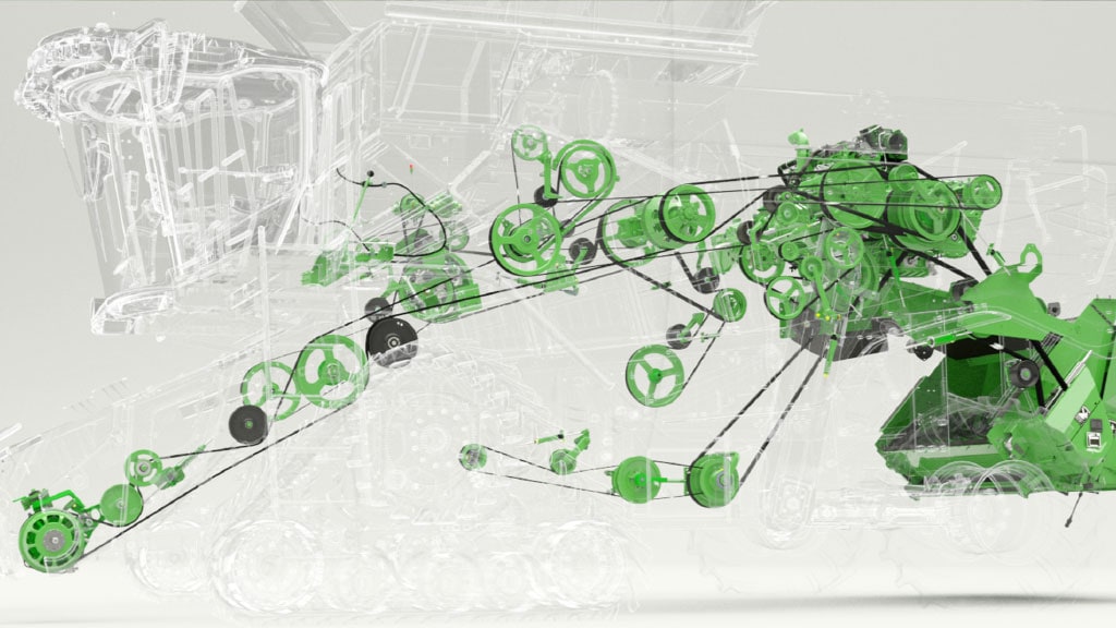 Photo/illustration showing the belt-drive system that's in the John Deere X9 Combine