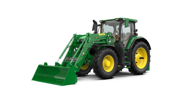 Image en studio avant gauche d’un chargeur 662R monté sur un tracteur 6R 240