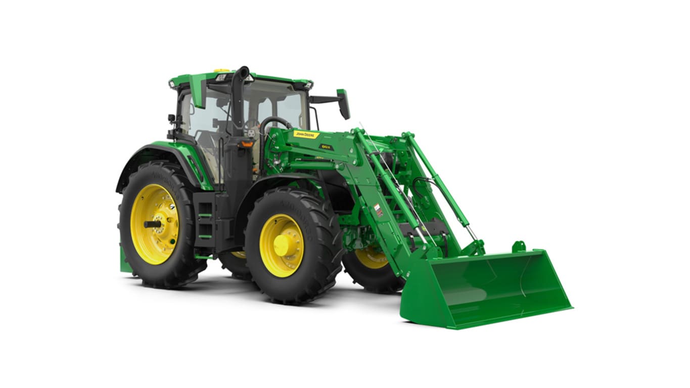 Vue studio avant droite du chargeur 662R monté sur le tracteur 6R 240.