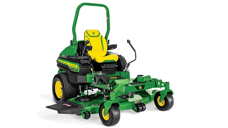 A front-right-facing green zero-turn mower with a yellow seat and green mowing deck on a white background.