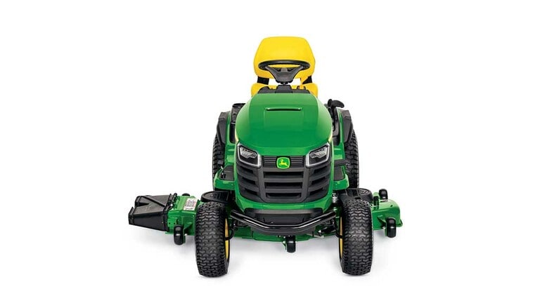 A forward-facing green riding mower with a yellow seat and green mowing deck on a white background.