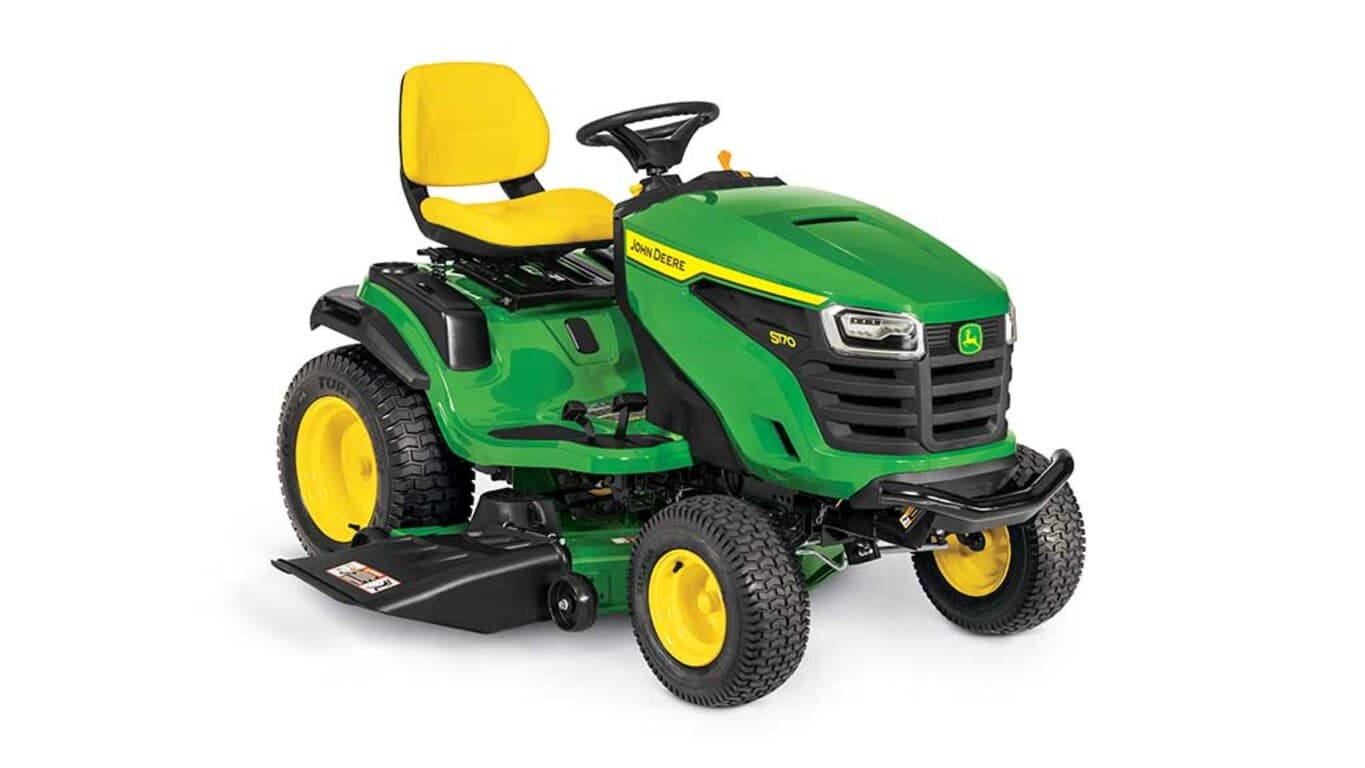 A front-right-facing green riding mower with a yellow seat and green mowing deck on a white background.