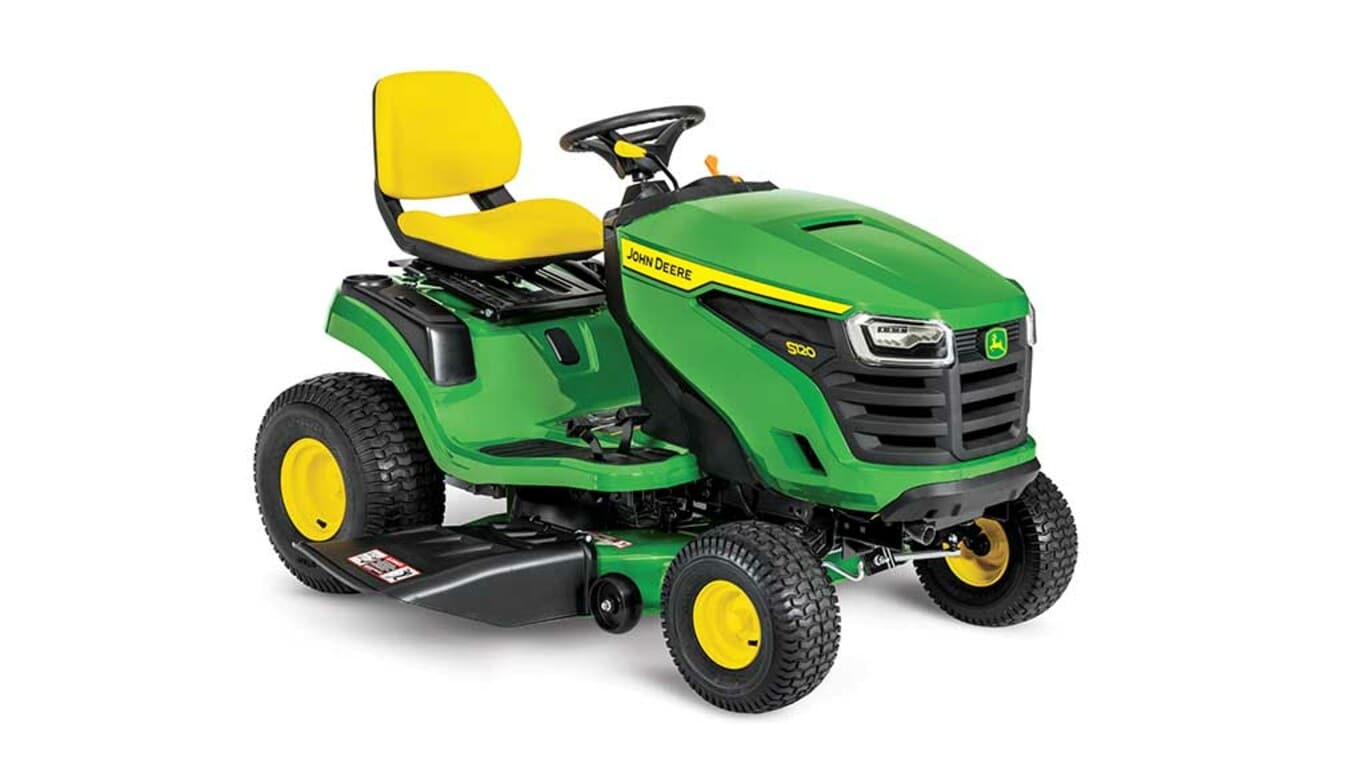 A front-right-facing green riding mower with a yellow seat and green mowing deck on a white background.