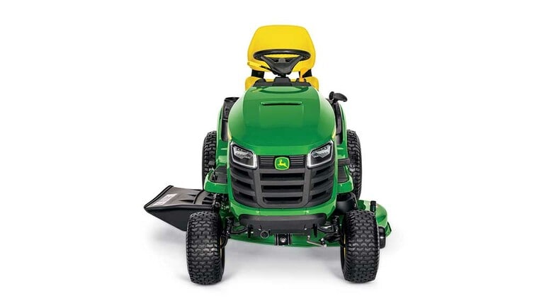 A forward-facing green riding mower with a yellow seat and green mowing deck on a white background.