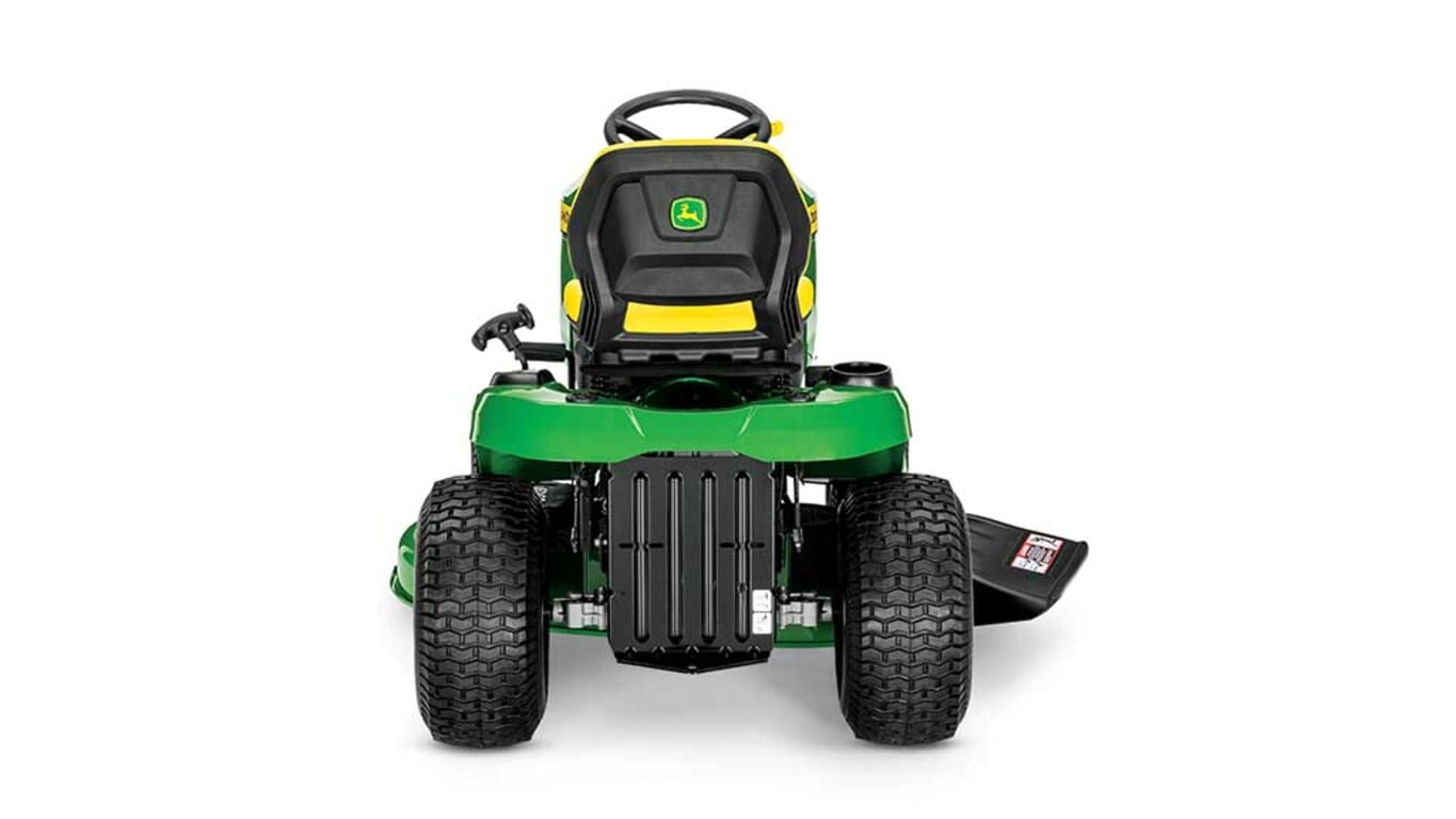 A backward-facing green riding mower with a yellow seat and green mowing deck on a white background.
