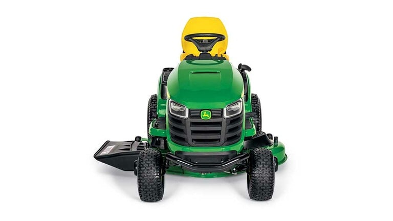 A right-facing green riding mower with a yellow seat and green mowing deck on a white background.