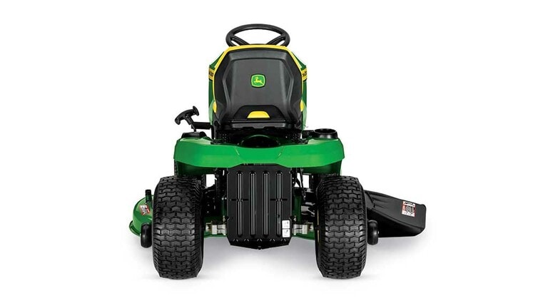 A backward-facing green riding mower with a yellow seat and green mowing deck on a white background.