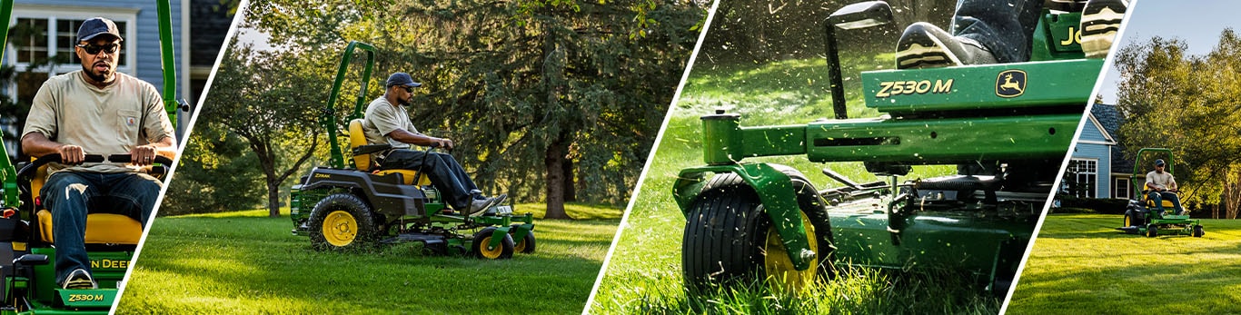 Un collage d'une tondeuse John&nbsp;Deere&nbsp;X530M &agrave; rayon de braquage nul verte coupant de l'herbe sous diff&eacute;rents angles.