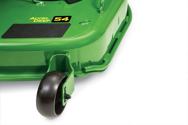 Close-up studio shot of a green 54-inch Accel-Deep mowing deck on a white background.