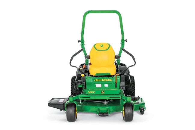 A front-facing studio shot of a green zero-turn mower on a white background.