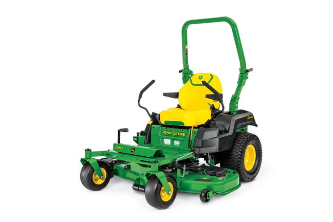 A front-left-facing studio shot of a green zero-turn mower on a white background.