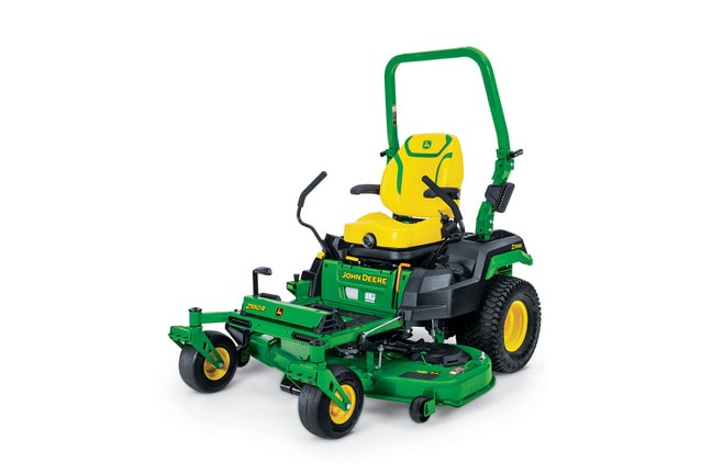 A front-left-facing studio shot of a green zero-turn mower on a white background.