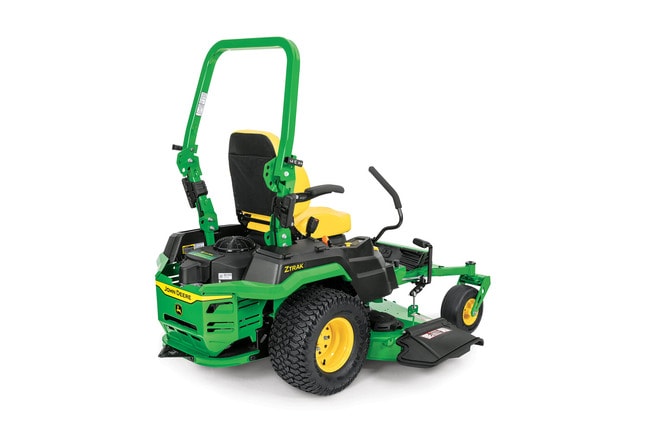 A rear-right-facing studio shot of a green zero-turn mower on a white background.