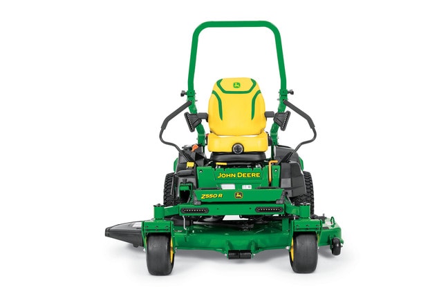 A front-facing studio shot of a green zero-turn mower on a white background.