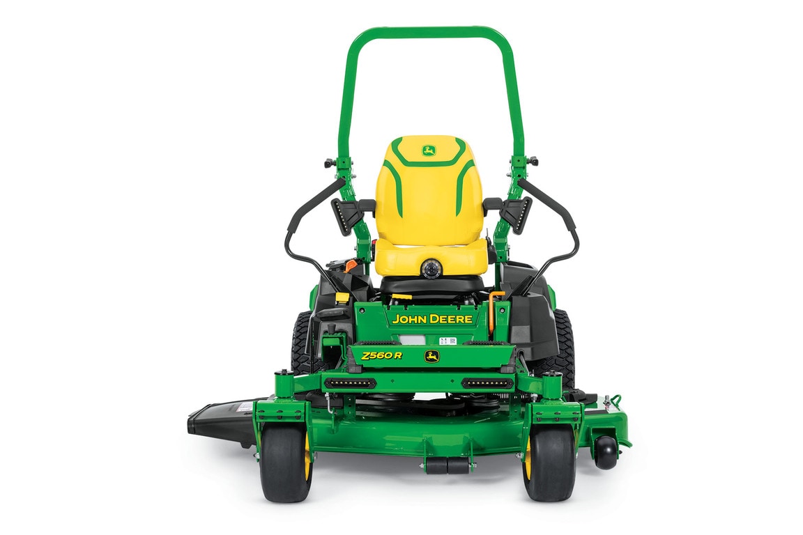 A front-facing studio shot of a green zero-turn mower on a white background.