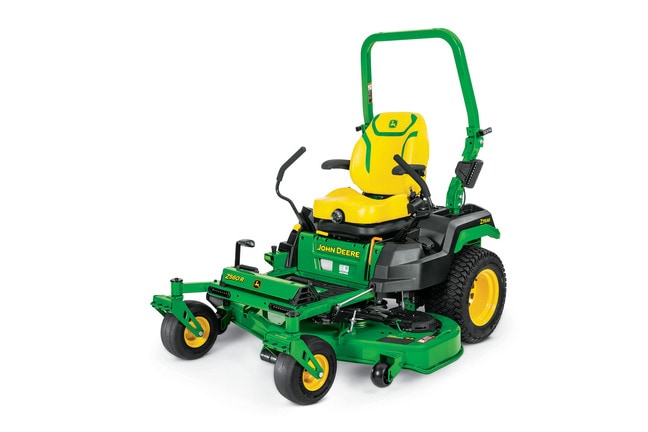 A front-left-facing studio shot of a green zero-turn mower on a white background.