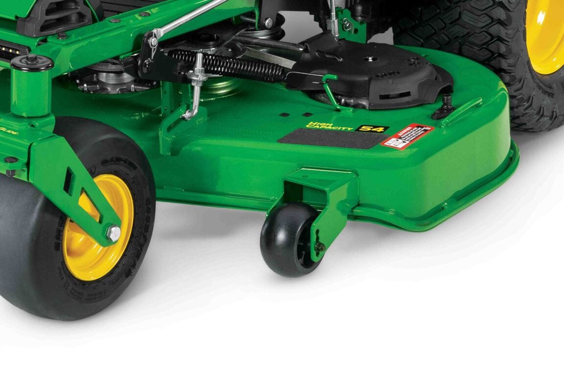 Close-up of the logo on a High-Capacity 54-inch green zero-turn mower deck on a white background.