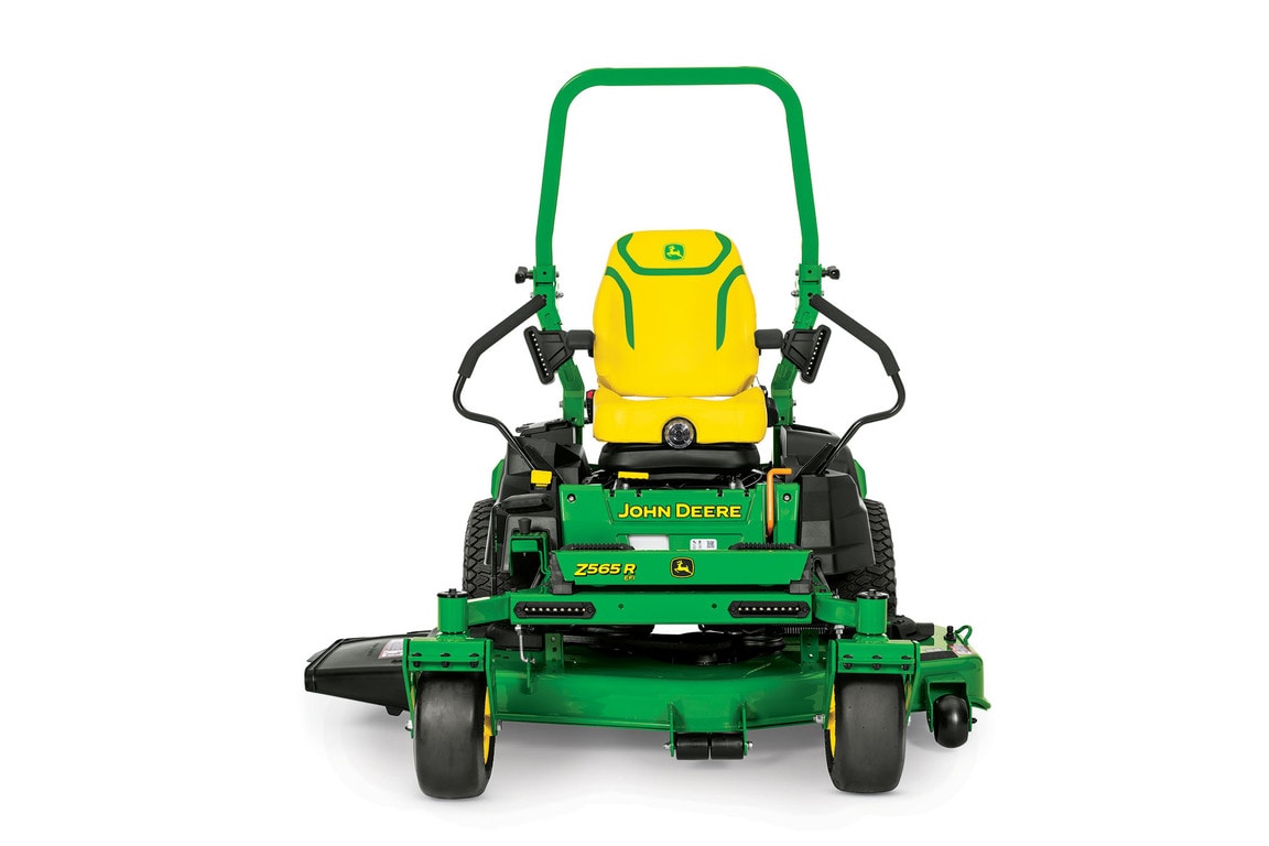 A front-facing studio shot of a green zero-turn mower on a white background.