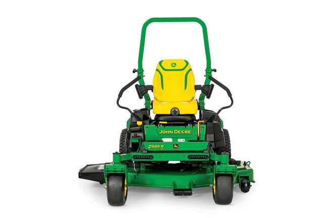 A front-facing studio shot of a green zero-turn mower on a white background.