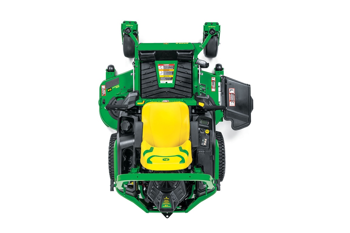 A top-down-facing studio shot of a green zero-turn mower on a white background.