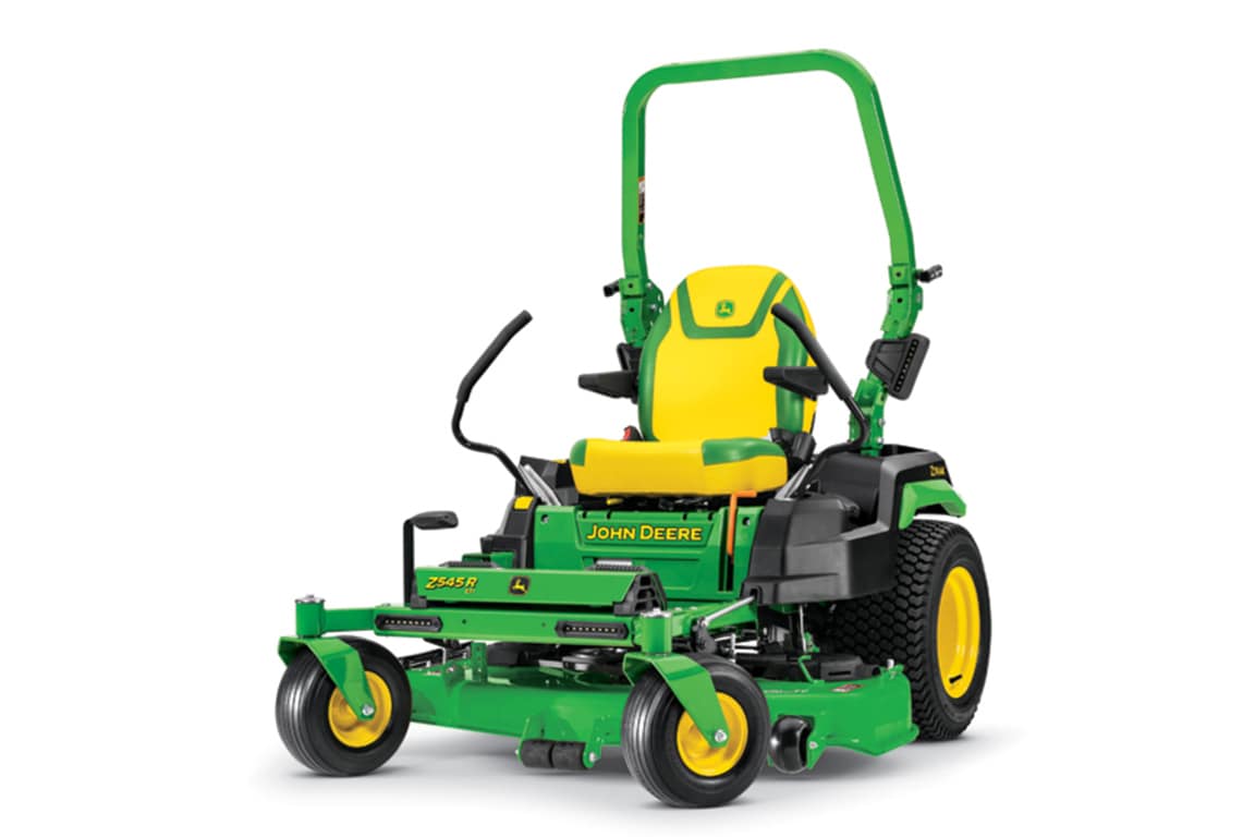 A front-left-facing studio shot of a green zero-turn mower on a white background.