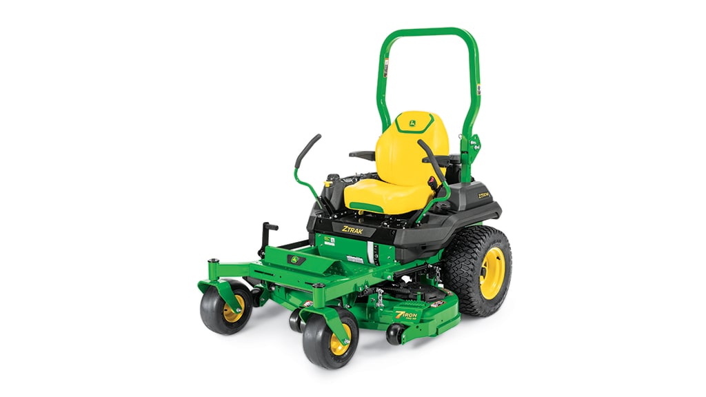 A front-left-facing studio shot of a green zero-turn mower on a white background.