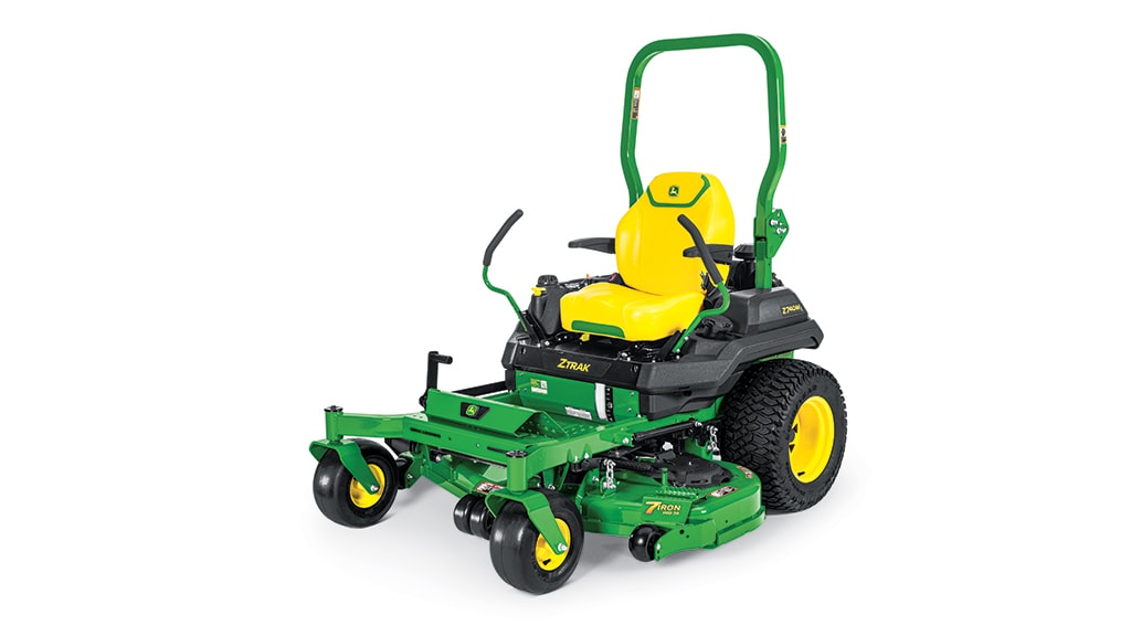 A front-left-facing studio shot of a green zero-turn mower on a white background.