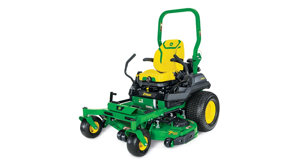 A front-left-facing studio shot of a green zero-turn mower on a white background.