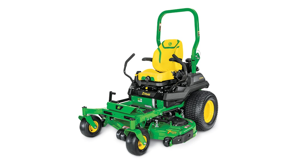 A front-left-facing studio shot of a green zero-turn mower on a white background.
