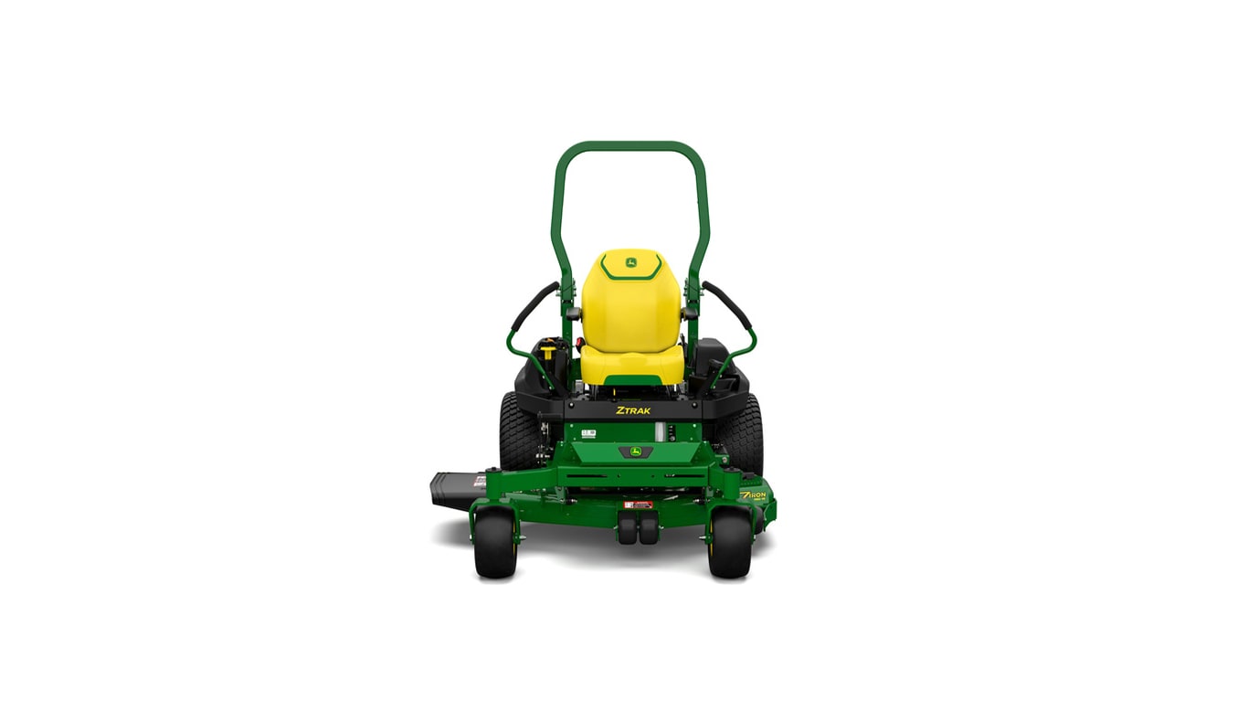 A front-facing studio shot of a green zero-turn mower on a white background.