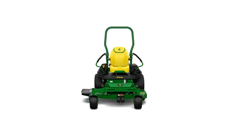 A front-facing studio shot of a green zero-turn mower on a white background.