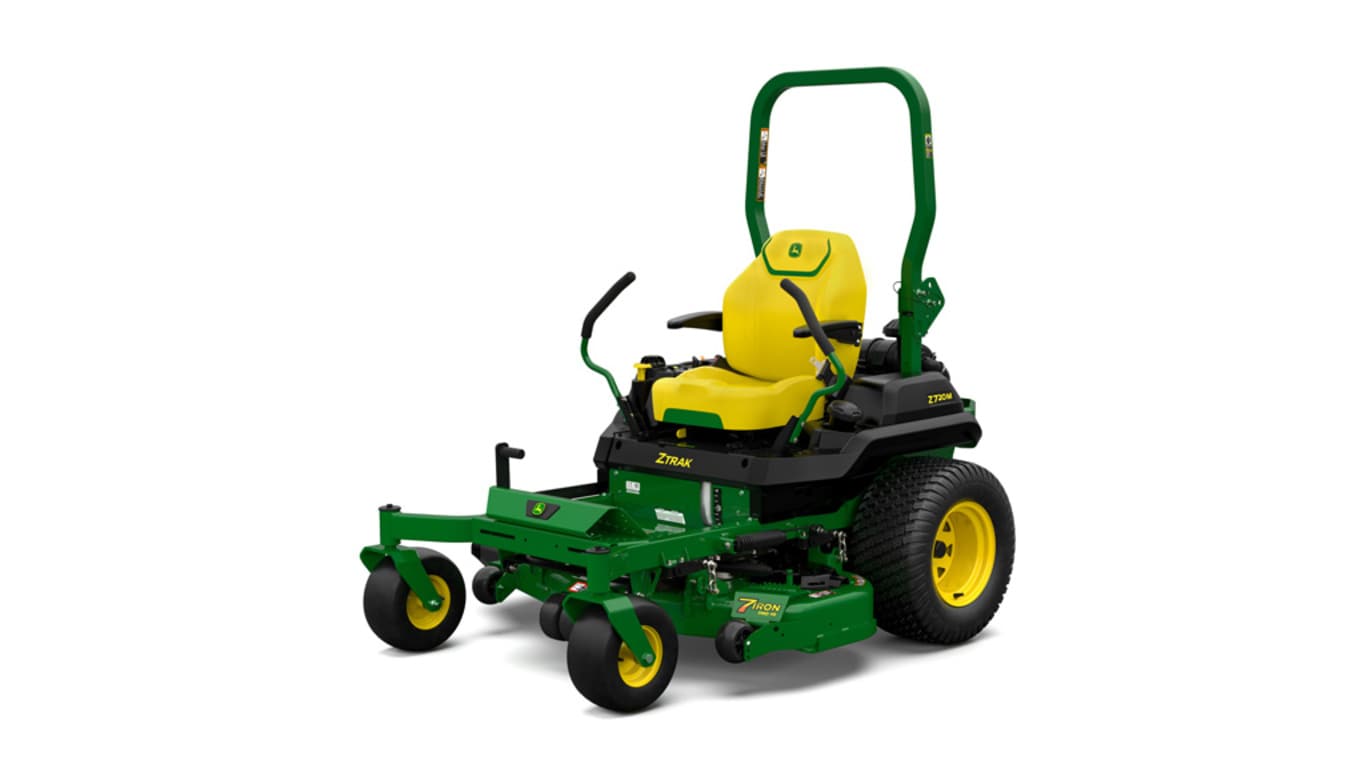 A front-left-facing studio shot of a green zero-turn mower on a white background.