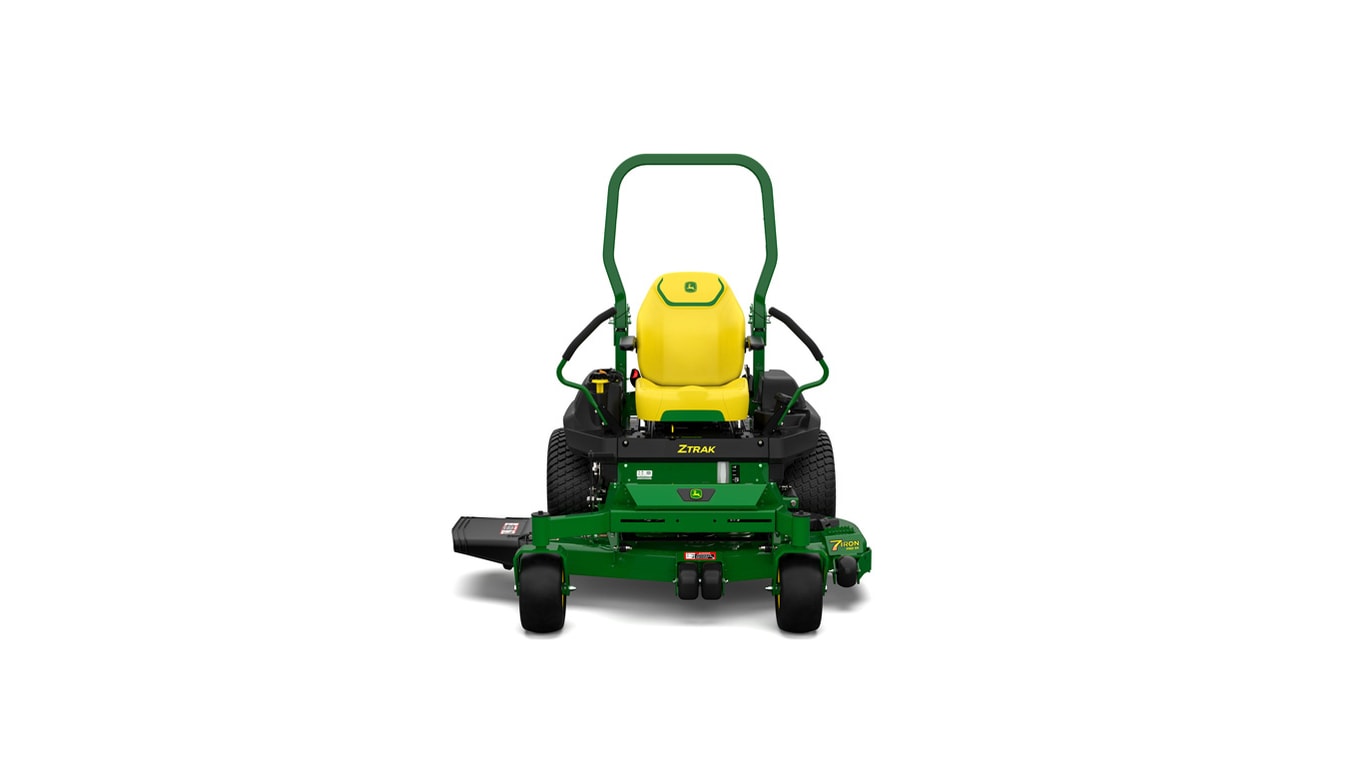 A front-facing studio shot of a green zero-turn mower on a white background.