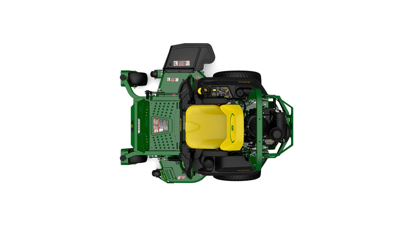 A top-down studio shot of a green zero-turn mower on a white background.
