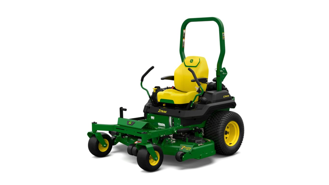 A front-left-facing studio shot of a green zero-turn mower on a white background.