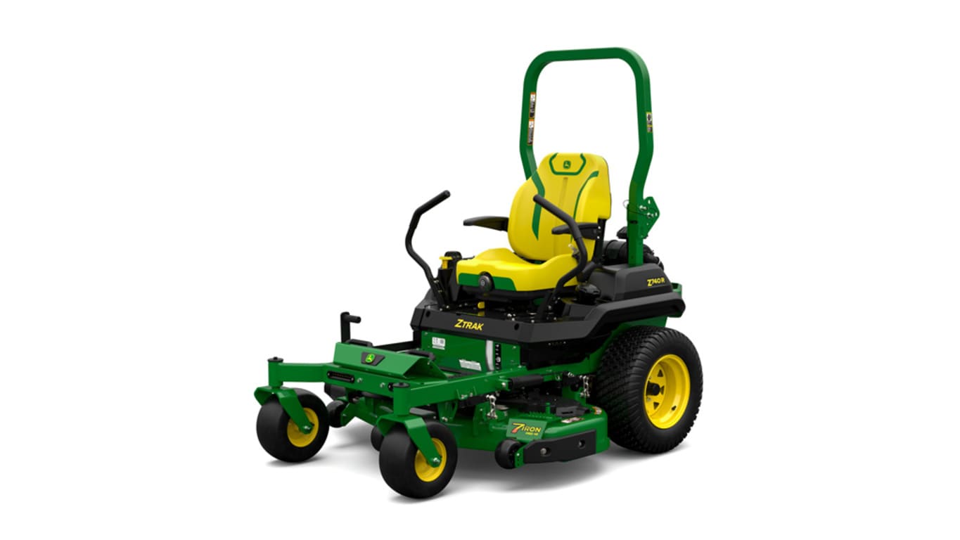 A front-left-facing studio shot of a green zero-turn mower on a white background.
