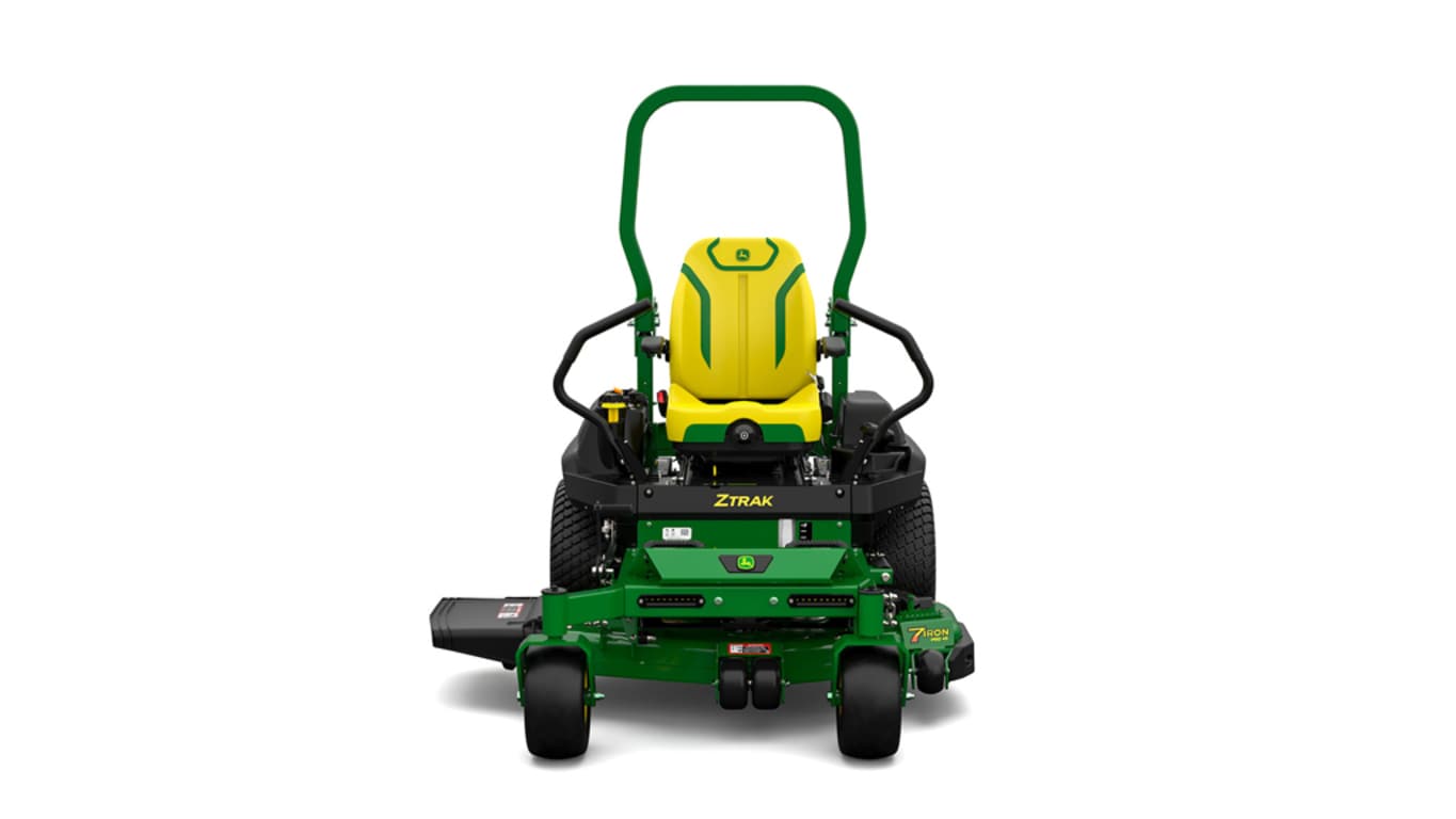 A front-facing studio shot of a green zero-turn mower on a white background.