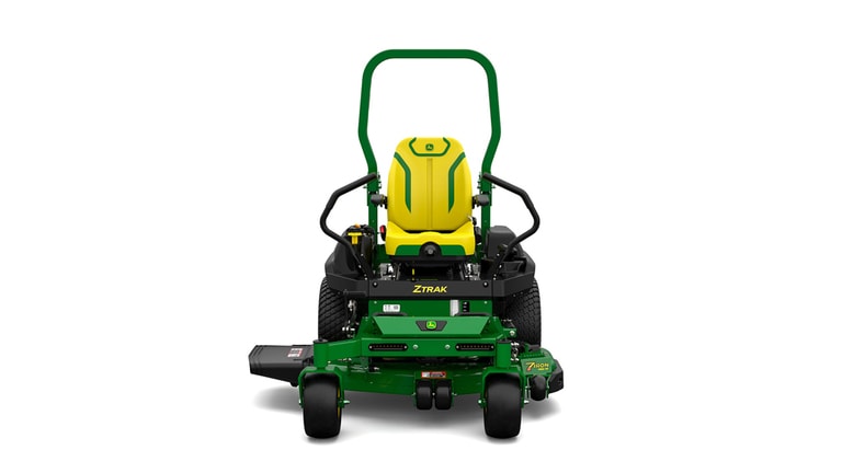 A front-facing studio shot of a green zero-turn mower on a white background.