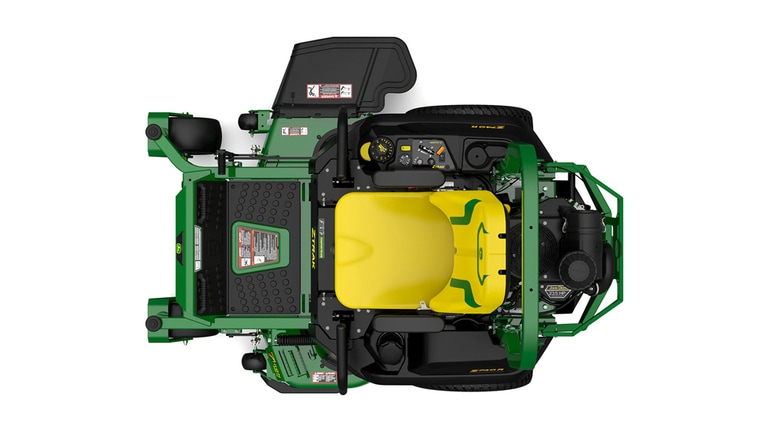 A top-down studio shot of a green zero-turn mower on a white background.